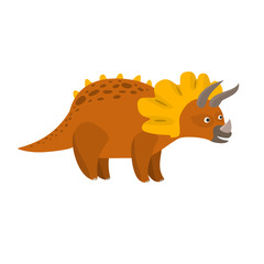 Cute flat cartoon brown triceratops character. Vector isolated dinosaur illustration for kids book, app, advertisement design
