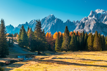 Autumn trekking in the alpine Pusteria valley - obrazy, fototapety, plakaty