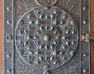 Ornaments of the bronze-plate ornate door of the mosque of The Manial Palace of Prince Mohammed Ali Tewfik, Cairo, Egypt