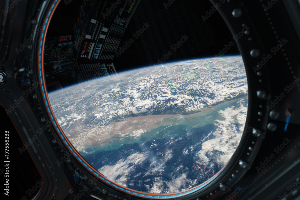Poster View of planet Earth from a space station window 3D rendering elements of this image furnished by NASA