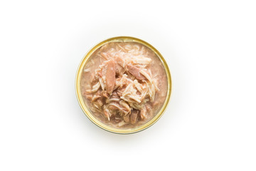 Canned Chicken and Tuna isolated, open chicken tin on a white background, Canned soy, Tuna packed in water