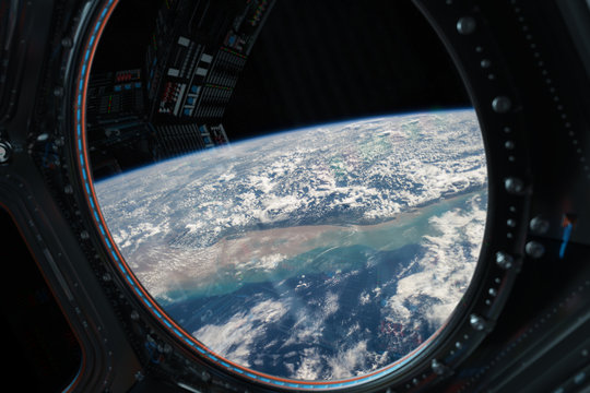 Fototapeta View of planet Earth from a space station window 3D rendering elements of this image furnished by NASA