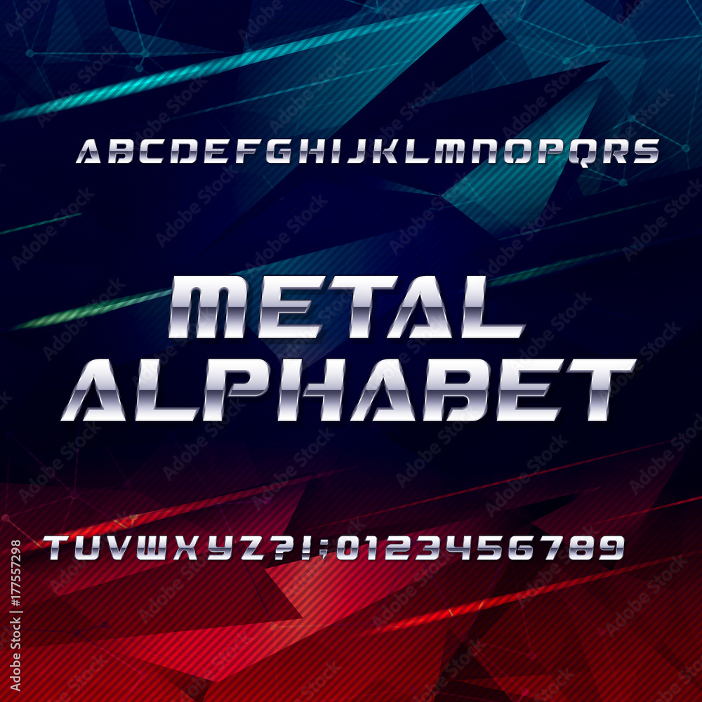 Poster futuristic chrome alphabet font. metallic effect oblique letters and numbers on an abstract backgrou