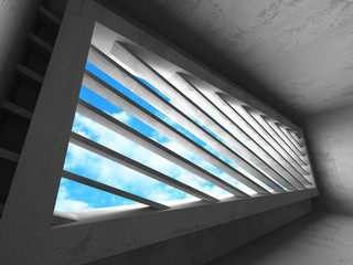 Concrete room wall construction on cloudy sky background