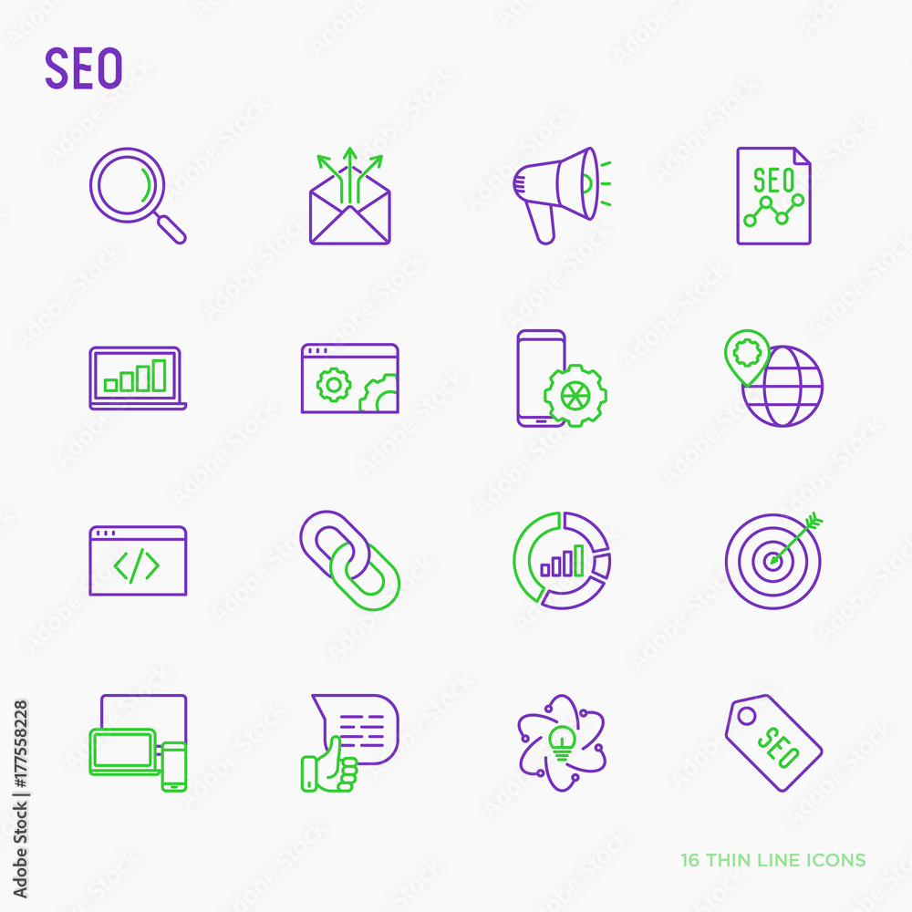 Poster seo and development thin line icons set: search, share, e-mail, coding, programming, link, analytics