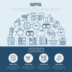 Shopping concept with thin line icons in half circle. Template for web page of online shop. Vector illustration.