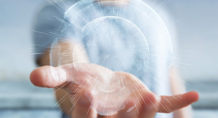 Flying earth network interface activated by businessman 3D rendering