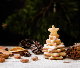 small Christmas tree of a gingerbread biscuit, selective focus