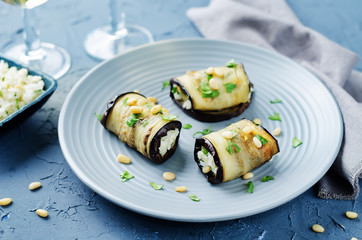 Rice pine nuts cilantro goat cheese stuffed eggplant rolls