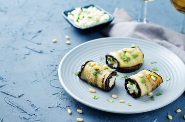 Rice pine nuts cilantro goat cheese stuffed eggplant rolls
