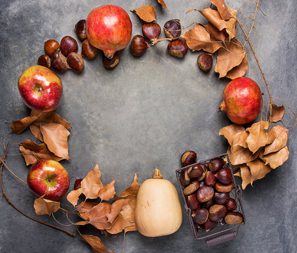 Ripe Organic Red Glossy Apples Pomegranates Chestnuts in Wicker Basket Dry Autumn Leaves Arranged in Circle on Dark Stone Background Thanksgiving Fall Abundance Gratefulness. Copy Space