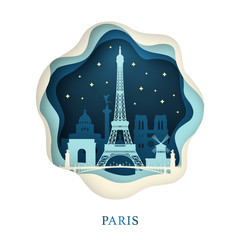 Paper art of Paris. Origami concept. Night city with stars. Vector illustration.