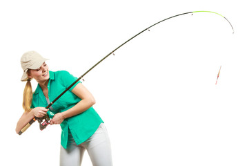 Obraz premium Woman with fishing rod, spinning equipment