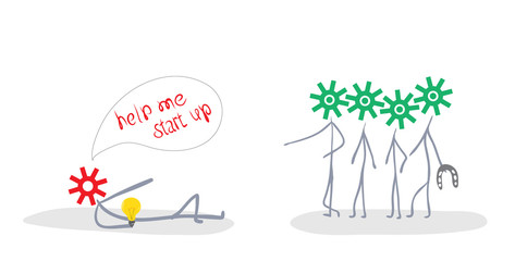 help me start up/ vector illustration of a concept of a lying man with a burning light bulb in his hand and a head in the form of a mechanism that refers to a team