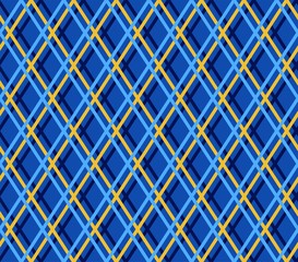 Blue geometric background, seamless, fine lines, diamonds, vector. Blue and yellow thin lines intersect on a dark blue field. Vector decor. 