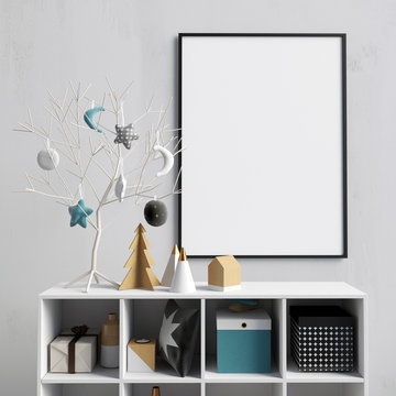 Modern Christmas interior with credenza, Scandinavian style. poster mock up. 3D illustration