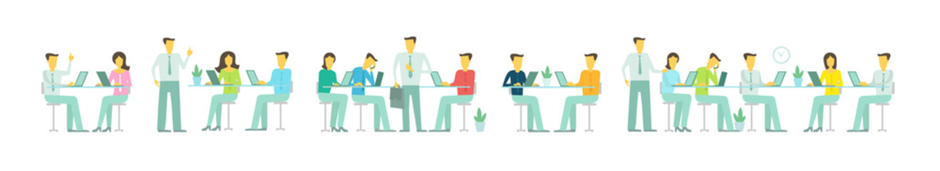 Site header long illustration Office team business people set discussing meeting sit at the table working. Brainstorming talking optimistic
