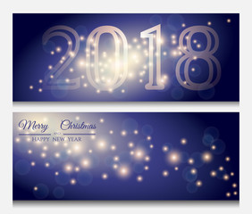 New Year's banner 2018 with shiny stars and congratulations. Set of a Merry Christmas greeting card.