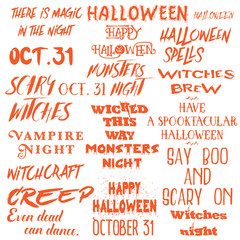Halloween lettering phrases overlay set. Scary quotes. Spooky holiday typography. Calligraphy photo graphic and flyer invitation design element. Hand made signs. Vector.
