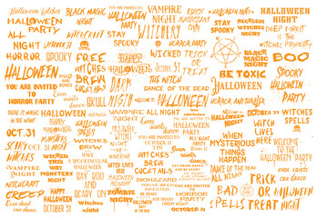 Halloween mega set of over 100 black and white scary and spooky quotes about October 31 holiday. Handmade and  brush lettering inscriptions collection. Holiday modern calligraphy illustration. Vector.