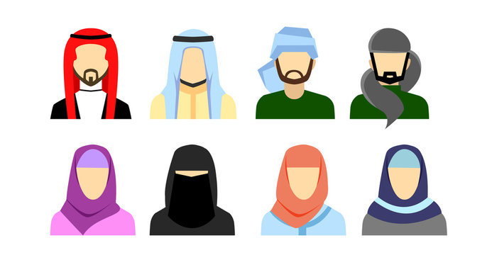 Arabic avatars in flat style. Arabic man and woman icons set. Vector illustration.