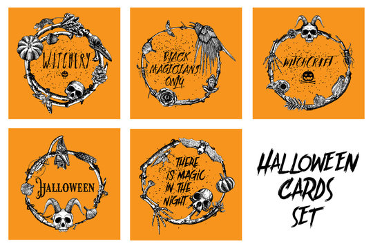 Set of hand drawn cards. Spooky Halloween Party sketch frame design illustration. Detailed holiday backgrounds. All items are separate with twigs laurel, forest wreath or boho witch frame. Vector.