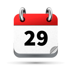 Bright realistic icon of calendar with 29th date isolated on white