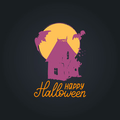 Happy Halloween lettering with dark house vector illustration for party invitation card,poster.All Saints Eve background