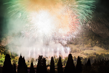 Colorful fireworks of traditional Santa Augusta celebration, Vittorio Veneto, Italy