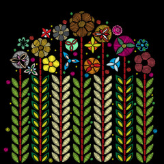 Embroidery colorful floral blooming with decorative flowers. Traditional contemporary folk ornament on black background for fashion design. Ethnic dress Asian blossom design. Vector.