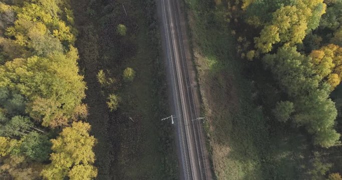 Aerial forward flight over railroad surrounded with autumn trees in forest in october