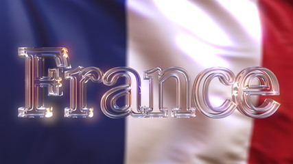Glass France caption against waving French flag. 3D rendering