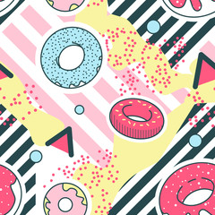 Abstract Background Memphis Style Geometric Shapes Seamless Pattern. Hipster Trendy Fashion Texture. Retro Fabric Poster with Donuts. Vector illustration