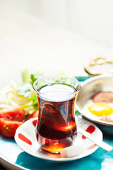 Travel concept: setup with traditional turkish breakfast
