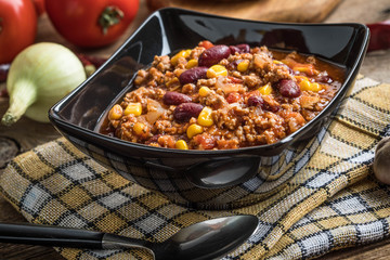 Chili con carne in a bowl.