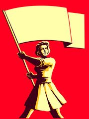 Vintage soviet socialist propaganda style patriot woman holding blank flag vector illustration, political protest activism patriotism