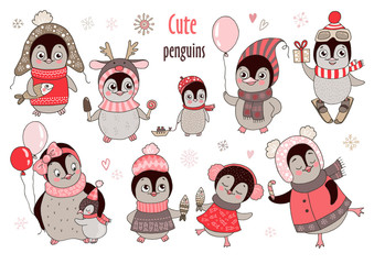 Christmas big set with ten cute penguins and snowflakes for new year's design
