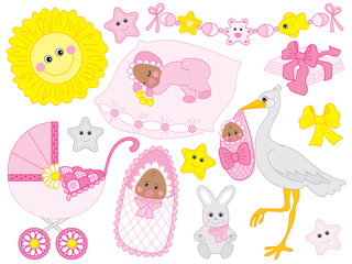 Vector Set of Cute African American Baby Girl and Elements