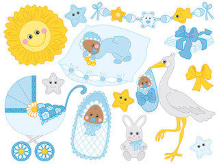 Vector Set of Cute African American Baby Boy and Elements