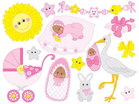 Vector Set of Cute African American Baby Girl and Elements