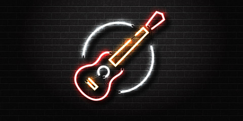 Obraz premium Vector realistic isolated neon sign of guitar for decoration and covering on the wall background. Concept of music, dj and live concert.