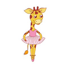 The giraffe ballerina dances in a tutu and on pointes