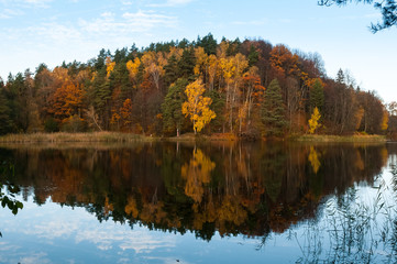 Fall view with dazzling colors and reflections in water