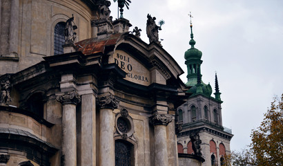 Fototapeta na wymiar Old Dominican Cathedral in old city center Lviv, Ukraine