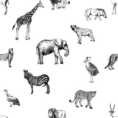 Seamless pattern of hand drawn sketch style African animals and birds. Vector illustration isolated on white background.