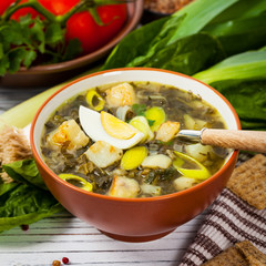 Green Russian Potato, Spinach, and Sorrel Soup with egg. Selective focus.