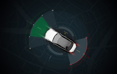 Smart car sensors - futuristic concept, top view with background map - 3D illustration