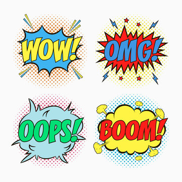 Comic speech bubbles with emotions - WOW! OMG! OOPS! And BOOM! Cartoon sketch of dialog effects in pop art style on dots halftone background. Vector illustration.
