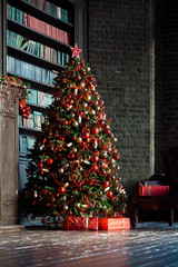 Classic green new year tree in the room with books. Christmas interior background