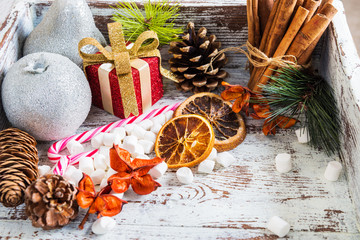 Preparation for the Christmas with lots of Xmas Symbols and Snow